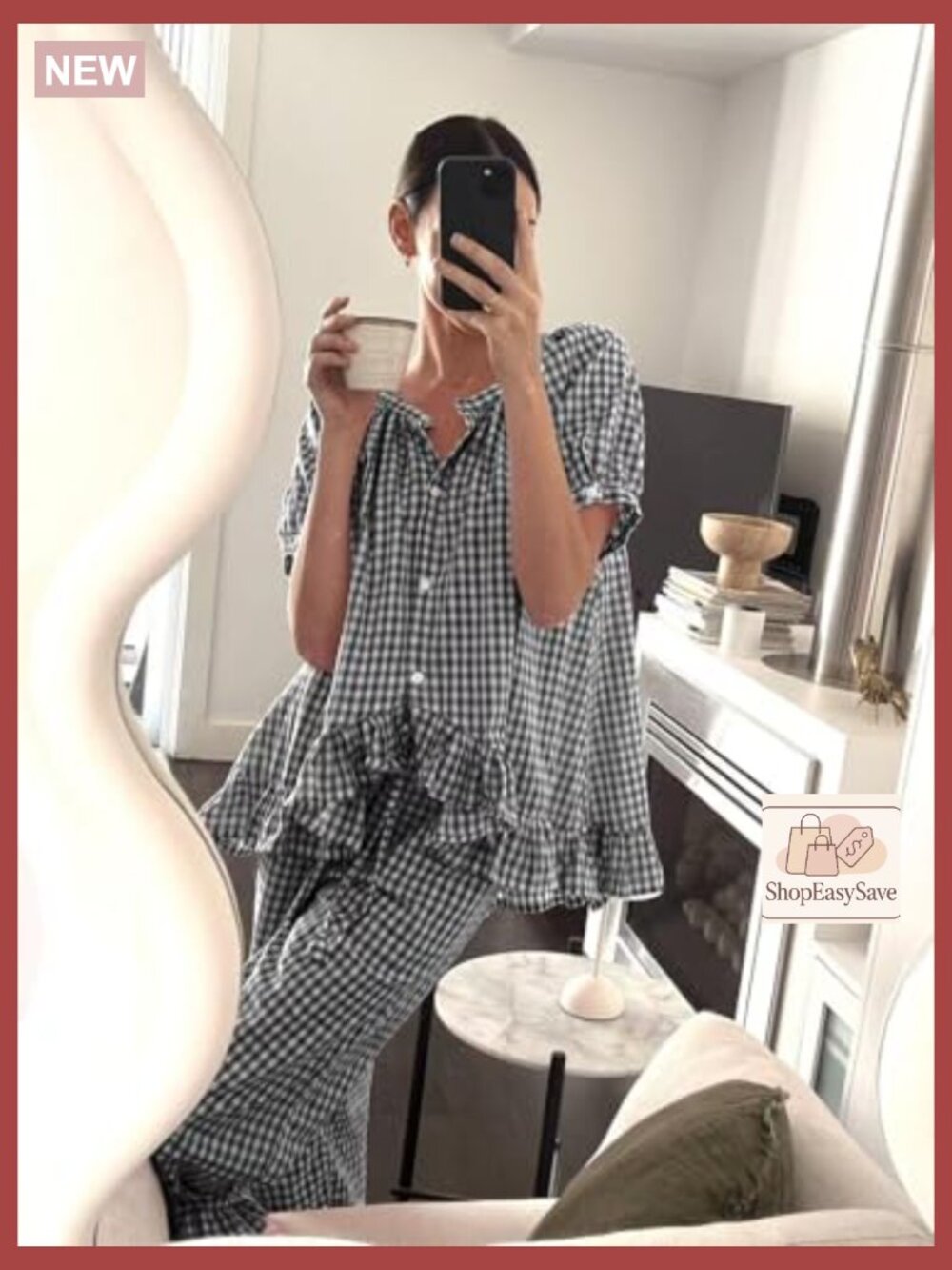 Cotton Gingham Pajama Set Cute Ruffle Babydoll Top Wide Leg Pants - Picture 5 of 5